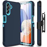 for Samsung Galaxy A14 5G Phone Case with 2 Pack Tempered Glass Screen Protector, Belt Clip Holster Rugged Heavy Duty Military Shockproof Protective Cell Phone Cover (Dark Blue)