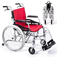 Magnesium Wheelchair 21lbs Lightweight Self-propelled Chair with Travel Bag and Cushion, Portable and Folding 17.5” W Seat, Park & Brake Anti-Tipper, Swing-Away Footrests, Ultra-Light, Red