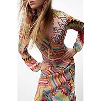 Women's Long Sleeves Geometric Patterns Maxi Dresses Ladies V Neck Crepe Long Dress XS Brown
