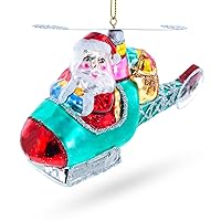 Santa Claus Pilot in Helicopter - Festive Blown Glass Christmas Ornament