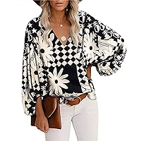 Womens Floral V Neck Blouses Lightweight Loose Long Sleeve Chiffon Tops Casual Printed Lantern Sleeve Top Shirt