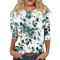 Womens Tops 3/4 Sleeve 2024 Summer Floral Print Casual Shirt Fashion Trendy Loose Round Neck Tunic Blouses
