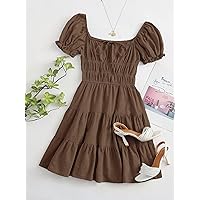 Dresses for Women - Tie Neck Ruched Bust Puff Sleeve Tiered Dress (Color : Coffee Brown, Size : X-Small)