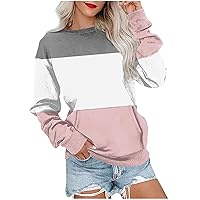 Women Colorblock Shirt Casual Sweatshirts Patchwork Pullover Tops Cute Crew Neck Blouse Sweatshirt with Pocket