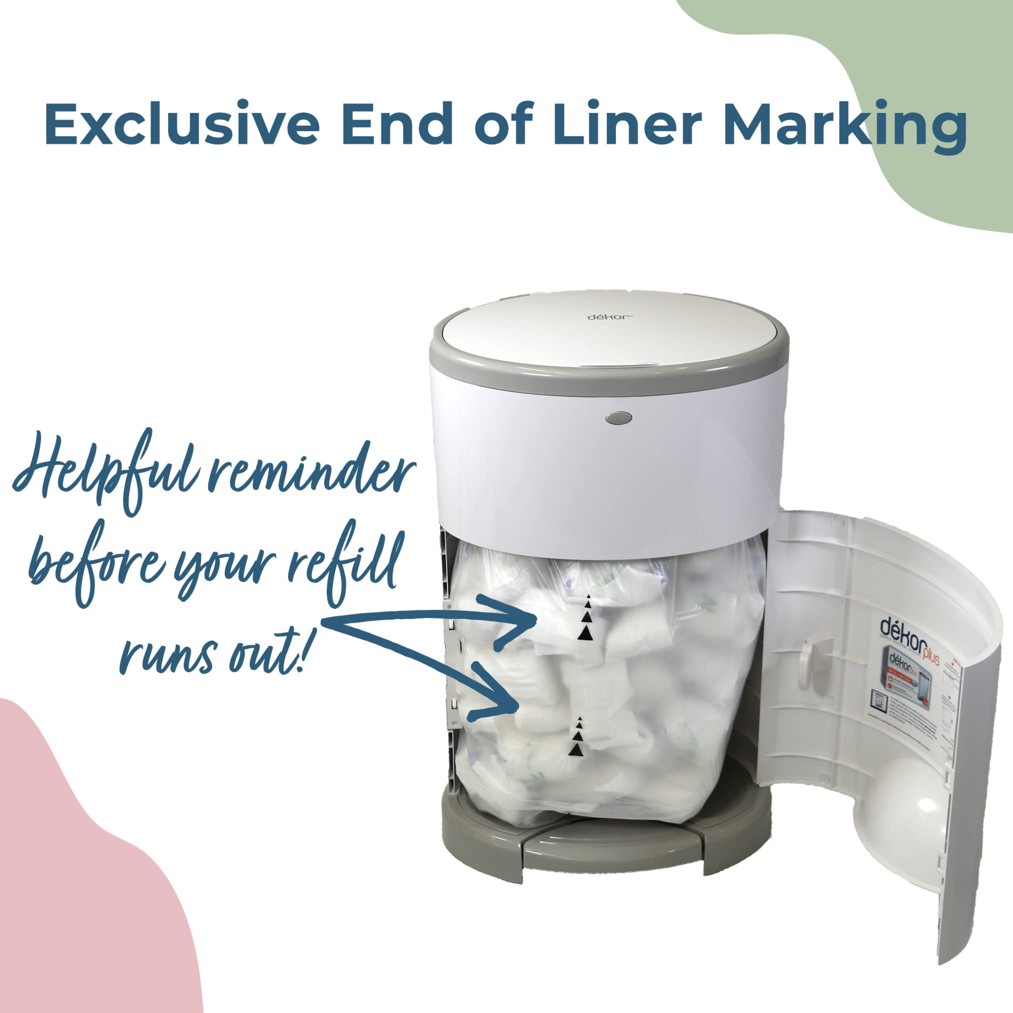 Dekor Classic Diaper Pail Biodegradable Refills | 2 Count | Most Economical Refill System | Quick and Simple to Replace | No Preset Bag Size – Use Only What You Need | Exclusive End-of-Liner Marking