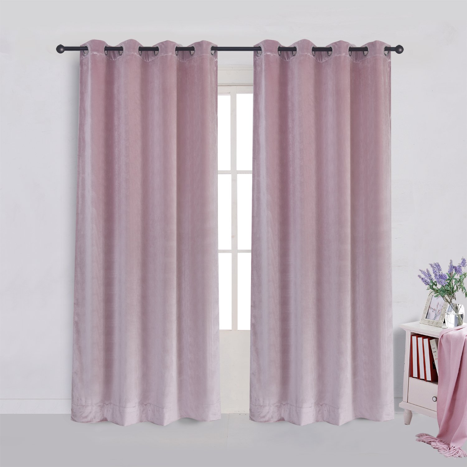 Super Soft Luxury Velvet Curtains Set of 2 Pink Flannel Blackout Drapes Grommet Draperies Eyelet 52Wx120L inch (2 Panels) with Tiebacks
