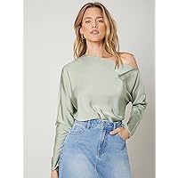 Women's Tops Sexy Tops for Women Shirts Asymmetrical Neck Regular FIT TOP Shirts for Women (Color : Mint Green, Size : Small)