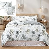 FADFAY 7 Piece 100% Cotton Grey Floral Bedding Set Queen Size Sheet Set +Duvet Cover Set, Soft American Style Complete Bedding Bed in a Bag(1 Duvet Cover,1 Fitted Sheet, 1Flat Sheet +4 Pillowcase)