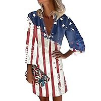 Patriotic Clothes Patriotic Dress for Women Sexy Casual Vintage Print with 3/4 Length Sleeve Deep V Neck Independence Day Dresses Navy 3X-Large
