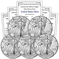 1986 - Present (Random Year) Lot of (5) 1 oz Silver American Eagle Coins Brilliant Uncirculated (Type 1 or 2) with Certificates of Authenticity $1 BU