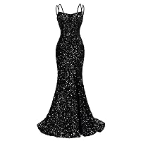 Sequin Mermaid Prom Dresses for Women 2024 Spaghetti Straps Bodycon Evening Gowns with Slit Long Sparkly Formal Dress