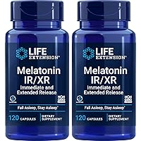 Life Extension Melatonin IR/XR, 120 Capsules (Pack of 2) - Immediate & Extended-Release for 7 Hours Support - Night Time Supplement - Stay Asleep All Night Long - Non-GMO, Gluten-Free