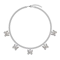 Butterfly Necklace Tennis Chain Butterfly Choker Bling Iced Cubic Zirconia CZ Butterfly Necklace Silver Girls Women