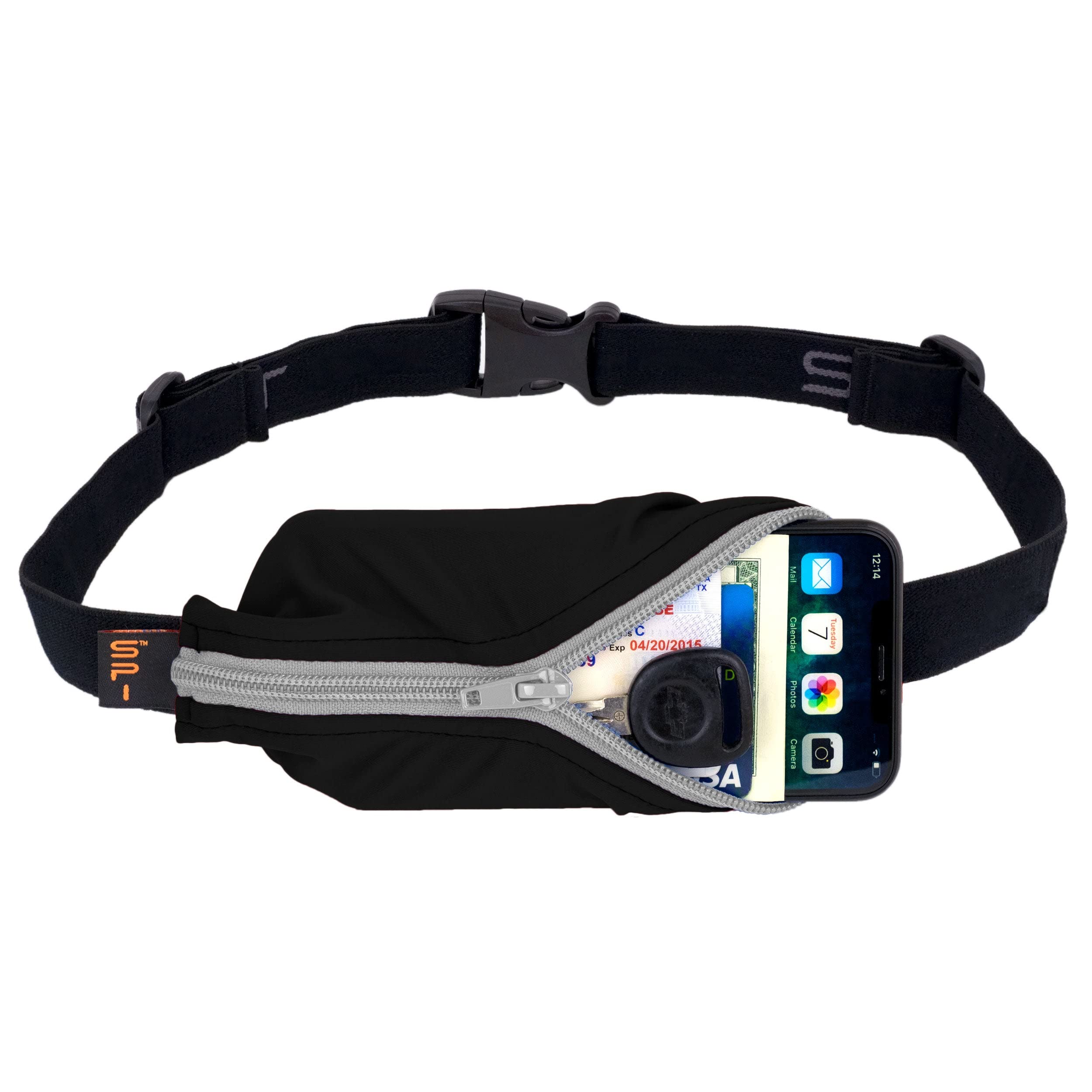 SPIbelt Large Pocket Running Belt for Adults, Expandable Pocket, Adjustable Waist, No Bounce, Black with Anthracite Zipper