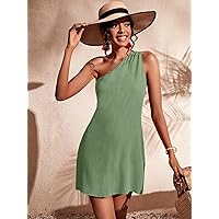 Women's Casual Ladies Comfort Dresses Solid One Shoulder Dress Leisure Perfect Comfortable Eye-catching (Color : Green, Size : Medium)