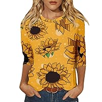 Cotton 3/4 Sleeve Tops for Women Summer Tops for Women 2024 Sunflower Print Casual Trendy Loose Fit with 3/4 Length Sleeve Scoop Neck Shirts Saffron Large