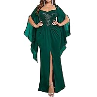 meilun Plus Size Chiffon Formal Maxi Dress Batwing Sleeve Slit Long Sequins Evening Gowns