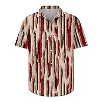 Mens Casual Stripe Print Shirts Summer Short Sleeve Turndown Collar Button Down Loose-Fit Ethnic Style Hawaiian Shirt