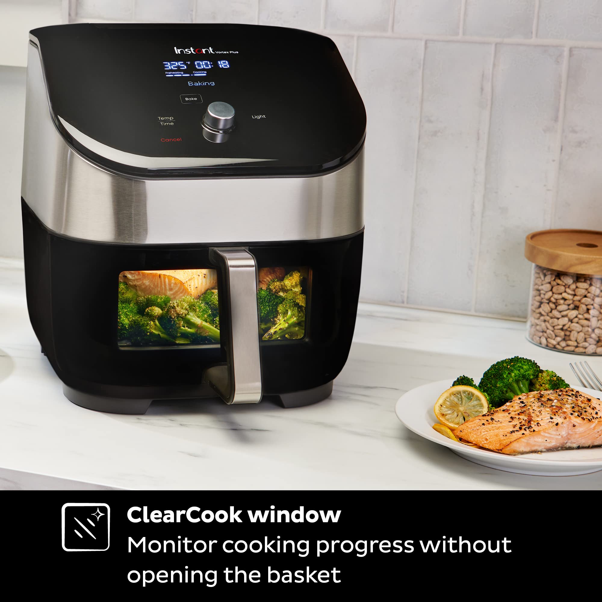 Instant Vortex Plus 6-Quart Air Fryer Oven, From the Makers of Instant Pot with Odor Erase Technology, ClearCook Cooking Window, App with over 100 Recipes, Single Basket, Stainless Steel