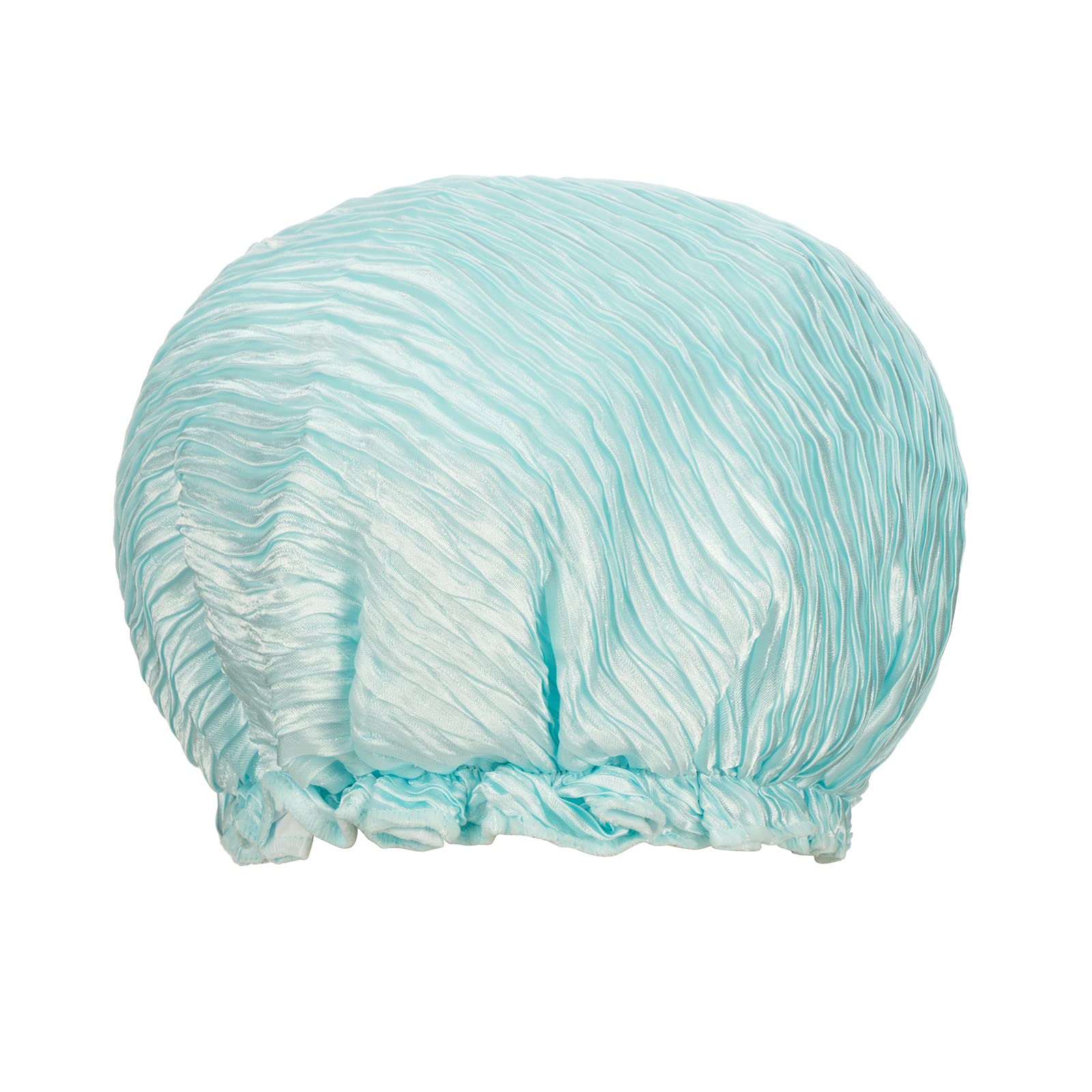 KISMETICS - Crinkled Shower Cap, Large & Reusable Double Layer Shower Cap Lined with Waterproof Material, Pleated Fabric with Ruffle Trim, Large Size for All Hair Lengths (Blue)