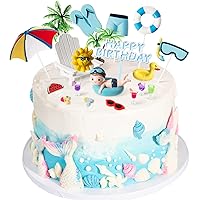 21 Pcs Swimming Pool Cake Decoration Summer Pool Cake Topper Coconut Tree Chair Umbrella Watermelon Sun Swimming Pool Party Decorations Beach Cake Toppers for Beach Summer Party Supplies (Boy)