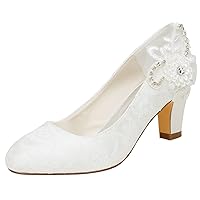 Emily Bridal Wedding Shoes Women's Satin Chunky Heel Closed Toe with Sequin Stitching Lace
