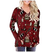 Womens Long Sleeve T Shirts Crew Neck Sweatshirts Loose Fit Pullover Printed Tunic Tops Casual Blouses with Pocket