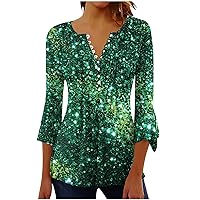 St Patricks Day Henley Tunic Tops for Women 3/4 Bell Sleeve Green Irish T-Shirt 2024 Fashion Print Tees Blouses