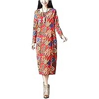 Autumn Clothing Plus Size Women's Clothing Long-Sleeved Printed Dress mid-Length Loose Han-fu(red,2XL)