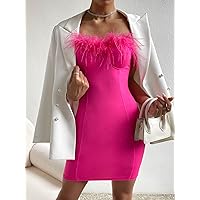 Dresses for Women Unity 1pc Fuzzy Trim Bodycon Tube Dress (Color : Hot Pink, Size : Large)