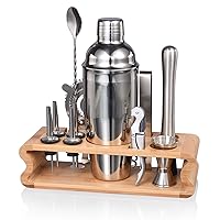 Bartender Kit with Stylish Bamboo Stand, 12 Piece 25oz Cocktail Shaker Set for Mixed Drink, Professional Stainless Steel Bar Tool Set with Cocktail Recipes Bookle, Gift for Man Dad Friend