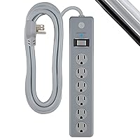 GE 6-Outlet Surge Protector, 15 Ft Extension Cord, Power Strip, 800 Joules, Flat Plug, Twist-to-Close Safety Covers, UL Listed, Gray, 62457