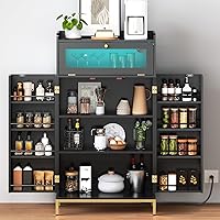 Kitchen Pantry Cabinet with Charging Station, LED Kitchen Cabinet, Large Capacity Pantry Cabinet, Sturdy Metal Support and Acrylic Drawer Door, for Kitchen, Black and Gold DB22UDPC01