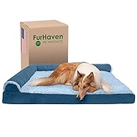 Furhaven Cooling Gel Dog Bed for Large Dogs w/ Removable Bolsters & Washable Cover, For Dogs Up to 125 lbs - Two-Tone Plush Faux Fur & Suede L Shaped Chaise - Marine Blue, Jumbo Plus/XXL
