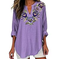 Women's Fashion V Neck Long Sleeved Purple Floral Printed Top Women Button Down Shirt
