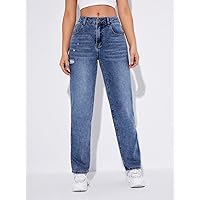 Jeans for Women- Slant Pocket Ripped Straight Leg Jeans (Color : Dark Wash, Size : W28 L32)