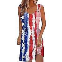 American Flag Outfits Women 4th of July Dress for Women America Flag Print Sexy Vintage Fashion with Sleeveless Round Neck Splice Dresses Red XX-Large