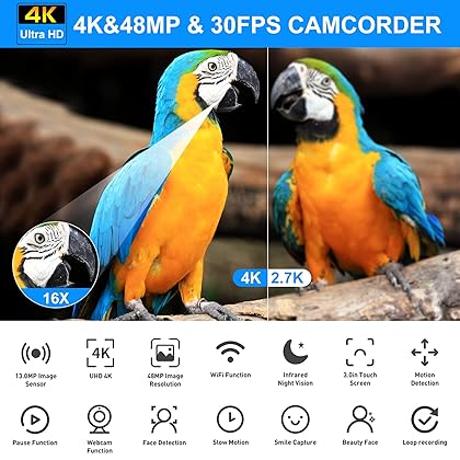 ZNIARAKL 4K Video Camera Camcorder 48MP UHD WiFi IR Night Vision Vlogging Camera for YouTube 16X Digital Zoom Touch Screen Camera Recorder with Microphone, Handheld Stabilizer, Lens Hood, Remote