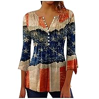 Womens Button Down Shirts 3/4 Sleeve Crewneck Tops USA Star Stripes American Flag T Shirt 2024 Summer Casual Blouse
