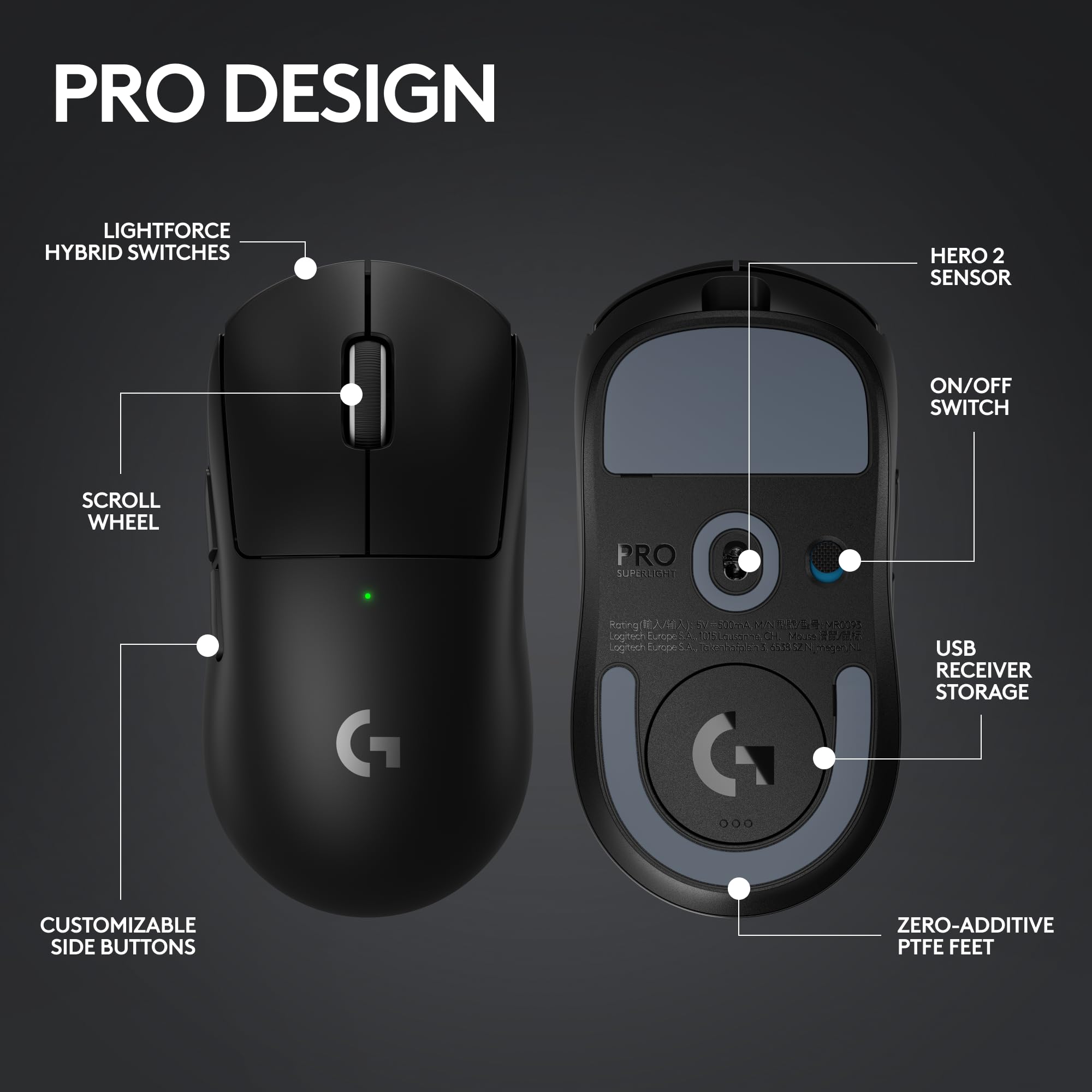 Logitech G PRO X Superlight 2 Lightspeed Wireless Gaming Mouse, Lightweight, LIGHTFORCE Hybrid Switches, Hero 2 Sensor, 32,000 DPI, 5 Programmable Buttons, USB-C Charging, PC & Mac - Black
