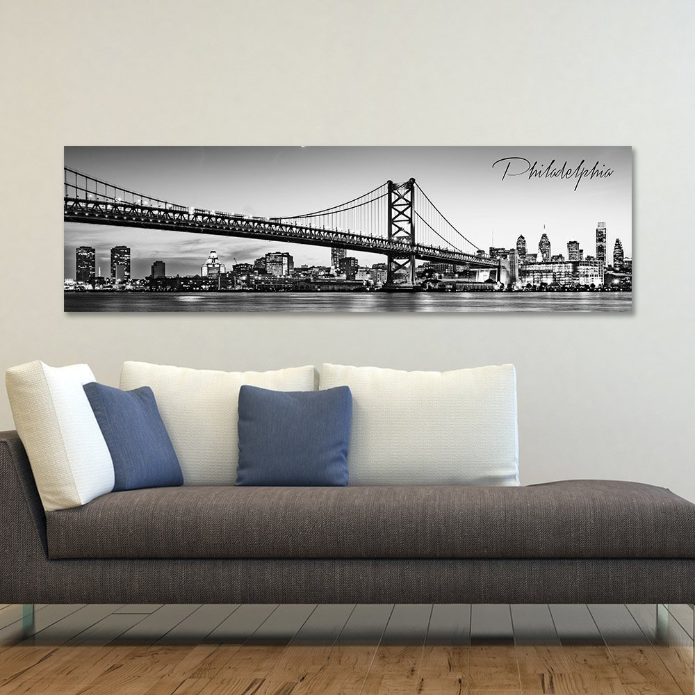 WallsThatSpeak Panoramic Philadelphia Cityscape Picture, Black and White Stretched Canvas Art Prints, Wall Decoration for Bedroom or Office, Framed...