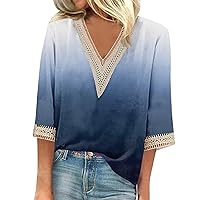 Womens Summer Tops Trendy Printed Graphic Tees Dressy Casual 3/4 Sleeve Shirts Sexy Lace V Neck Oversized T Shirts
