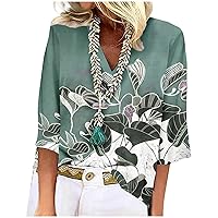 Vacation Outfits for Women,Going Out Tops for Women 3/4 Sleeve V Neck Lace Patch Elegant Blouse Fashion Printed Lightweight T Shirts Womens Swim Top