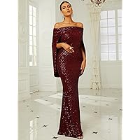 Women's Dress Off Shoulder Cloak Sleeve Sequin Formal Dress MCTEST (Color : Maroon, Size : Medium)