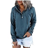 Anjikang Womens Fashion Hoodie Fall Casual Button Collar Drawstring Hooded Sweatshirts Long Sleeve Pullover Tops with Pocket