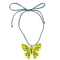 NOVICA Handcrafted .925 Sterling Silver Fused Glass Pendant Necklace Butterfly in Mexico Yellow Blue Long Cord Art Animal Themed Bug Butterfly 'Sunny Butterfly'