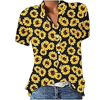 Tops for Women Casual Spring Short Sleeve Women Summer Casual V Neckline Lightweight Blouses Loose Button Tuni