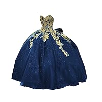 Sweetheart Gold Flower Lace Big Bows Ball Gown Quinceanera Prom Evening Dresses Sweet 15 Party for Women