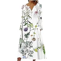 Christmas Party Dresses 2023 Fall Plus Size Long Sleeve 1/4 Button Vneck Smocked Boho Floral Midi Dress with Pocket