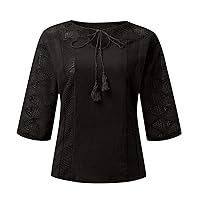 Womens Tops Dressy Casual V Neck Mesh Panel Blouse 3/4 Length Bell Sleeve Shirts Loose Blouse